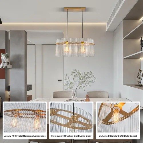 Miniatura 2 de Lámpara de Araña de Cristal Moderna de 2 Luces D23.6 Lámpara de Araña de Comedor Sobre Mesa Luminaria de Techo Colgante Contemporánea Altura