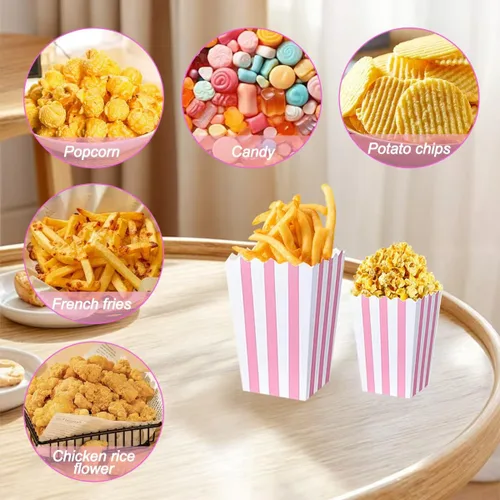 Miniatura 3 de 40 cajas de papel rosa para palomitas de maíz, bolsas de palomitas de maíz rosas con rayas blancas, cajas de palomitas de maíz para fiestas