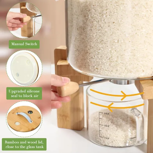 Miniatura 7 de Zhehao Dispensador de arroz de vidrio de 5 L, contenedor de almacenamiento de arroz, dispensador de cereales de harina, soporte con soporte