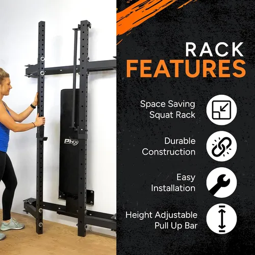 Miniatura 5 de PRx Performance Soporte plegable para sentadillas de pared, barra de dominadas ajustable resistente, equipo de gimnasio en casa que ahorra espacio