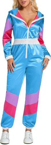 Miniatura 10 de Yisfri Traje retro de una pieza con bloques de color para mujer, traje retro de los años 80 con cintura elástica con capucha