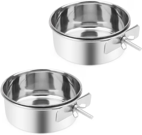 Miniatura 10 de Tazón de agua para alimentos para mascotas con soporte de abrazadera, comedero colgante de acero inoxidable para perro, pájaro, loro, gato, conejo 1