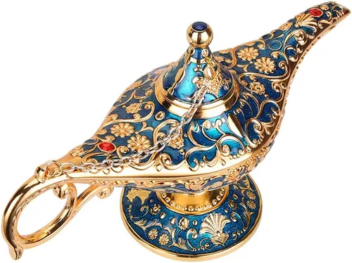 Lámpara mágica vintage de genio de Aladdin, luz para decoración de mesa de fiesta, boda y regalo en casa, caja de joyería clásica de aleación de Azul