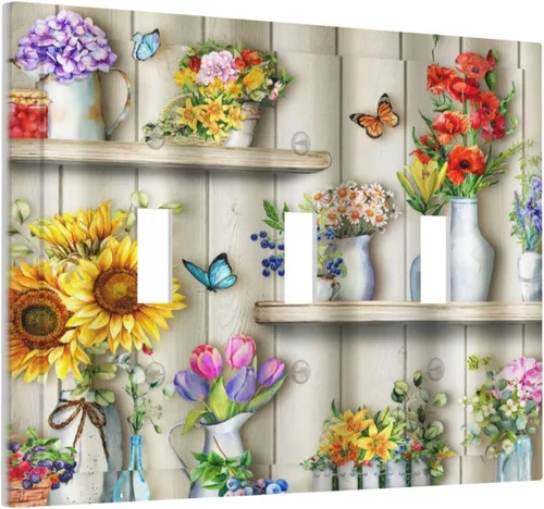 Miniatura 58 de Placa de pared decorativa con hojas de palmera tropicales de oro blanco, hoja de plátano, doble interruptor de luz de palanca decorativa, placa