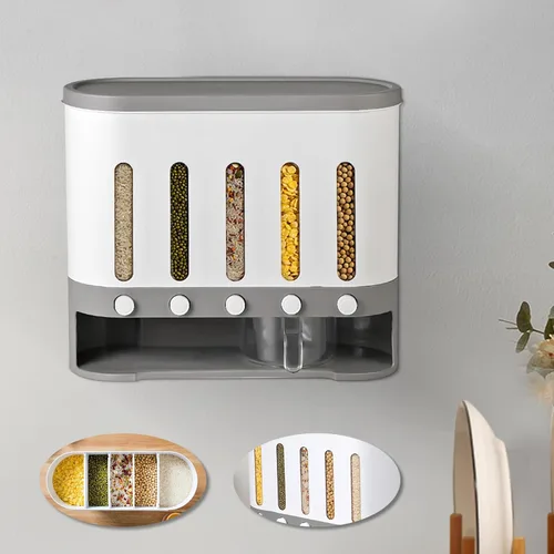 Miniatura 11 de Dispensador de alimentos secos de almacenamiento de arroz de 6 rejillas, dispensador de granos con taza medidora, dispensador de arroz de 22 libras