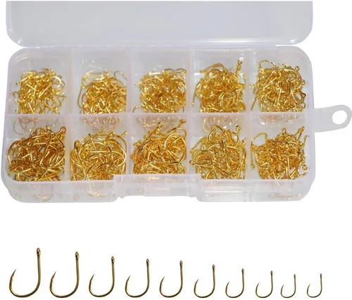 300pcs pequeños anzuelos de pesca negro alto carbono ganchos de pesca Set 6 tamaños con una caja de plástico 500 unidades doradas