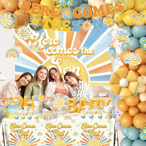 Miniatura 2 de Here Comes The Son Baby Shower Decor – Vajilla bohemia para fiesta de baby shower con arco de globos, decoración de tartas, decoración de pancartas
