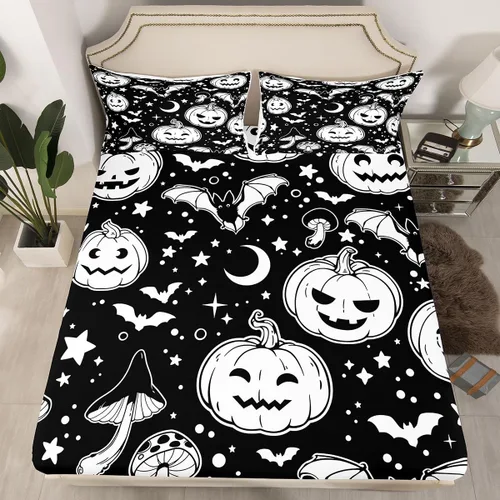 Miniatura 43 de Juego de ropa de cama de Halloween con patrón de sombras kawaii, sábana bajera tamaño queen, decoraciones de calabaza, luces de calabaza góticas