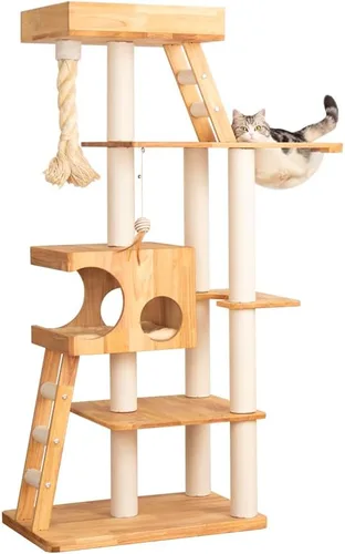 Miniatura 15 de Wood Cat Tree for Large Cats, 50'' Modern Indoor Cat Tower with Basket Beds, Cat Condo & Clear Hammock, Multi-Level Wooden Cat Furniture for Home