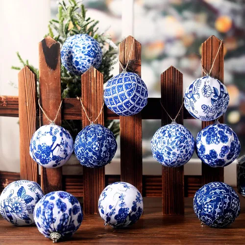 Miniatura 4 de Preboun 12 adornos de bola Chinoiserie de Navidad azules y blancos, decoración de árbol Chinoiserie, adornos colgantes de árbol de Navidad