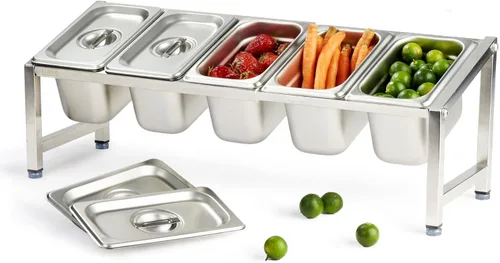 CURTA Juego de estante de especias expandible de acero inoxidable 18/8, certificado NSF, estante organizador inclinado de 1 nivel con bandeja y tapa
