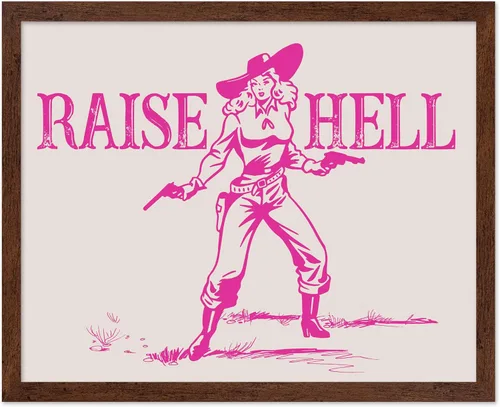 Miniatura 35 de Poster Master Póster retro de vaquera rosa con texto en inglés "Raise Hell", diseño de pared occidental, regalo para hombres y mujeres, decoración