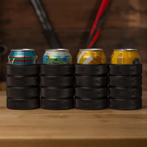 Miniatura 7 de Enfriador de latas de cerveza hecho de 4 discos de hockey sobre hielo reales, soporte aislado de 12 onzas para regalos de papá de hockey