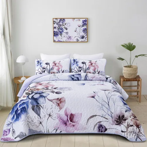 Miniatura 17 de Juego de colcha floral tamaño Queen de 3 piezas, juego de colcha con estampado floral rojo suave de microfibra ligera, cubrecama acolchado negro