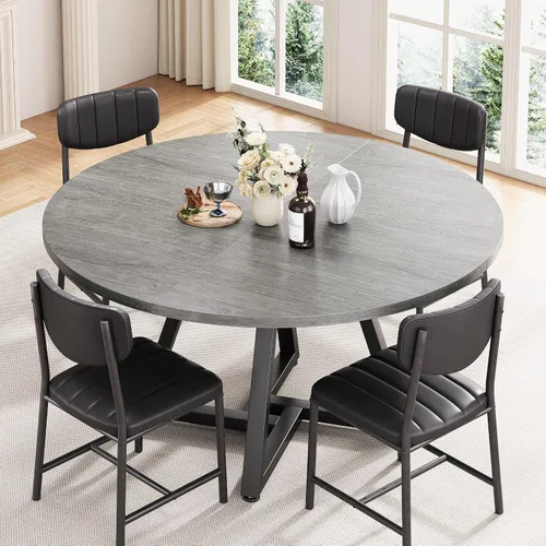 Miniatura 4 de Jocoevol Mesa Redonda de Cocina para Comedor Circular con Marco de Metal de Pedestal, Mueble Industrial de Madera para Ahorro de Espacio para Gris