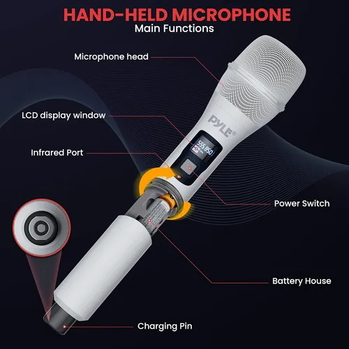Miniatura 3 de Pyle Sistema de micrófono inalámbrico UHF - Receptor Bluetooth con 2 micrófonos de mano recargables, baterías de 1200 mAh, sonido claro