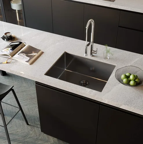 Miniatura 9 de TORVA - Fregadero de cocina de montaje bajo con revestimiento cerámico negro brillante de 25 x 18 pulgadas con NanoTek, fregadero de acero