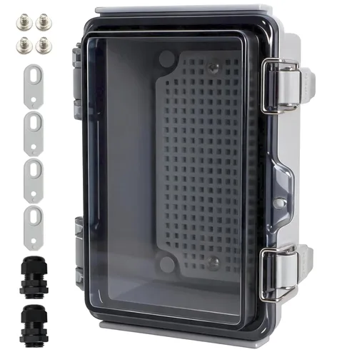 Miniatura 18 de MAKERELE Caja eléctrica impermeable pequeña al aire libre IP67 ABS caja de plástico con placa de montaje, cubierta gris con bisagras, soporte