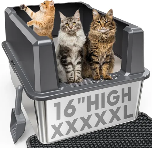 Miniatura 10 de Caja de arena extragrande XXL de acero inoxidable para gatos con tapa, 26" L x 18" W x 12" H caja de arena de metal con lados altos para gatos