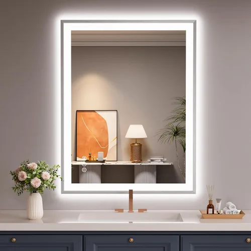 Miniatura 12 de Espejo de baño LED de 60x36 pulgadas con marco negro, espejos de baño retroiluminados y con luz frontal para pared, antiempañamiento, regulable
