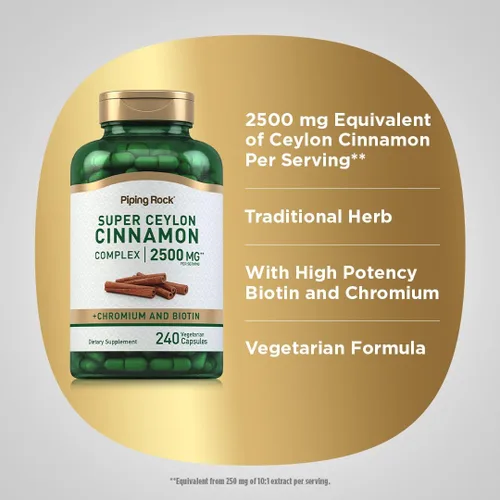Miniatura 4 de Piping Rock Super Ceylon Complejo de Canela de Ceilán Cápsulas 2500 mg 240 Pastillas en Polvo Suplemento de Extracto con Cromo y Biotina