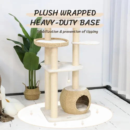 Miniatura 5 de KAMABOKO Árbol Moderno para Gatos, Torre de 53 pulgadas para Gatos de Interior, Postes Rascadores de Sisal Natural, Condominio Tejido a Mano