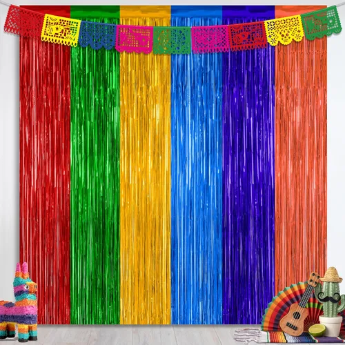 Miniatura 32 de Paquete de 2 Decoraciones de Fiesta Rosadas, Telón de Fondo Rosa de 3.28 pies x 7.05 pies, Cortinas de Telón de Fondo de Flecos de Oropel Metálico
