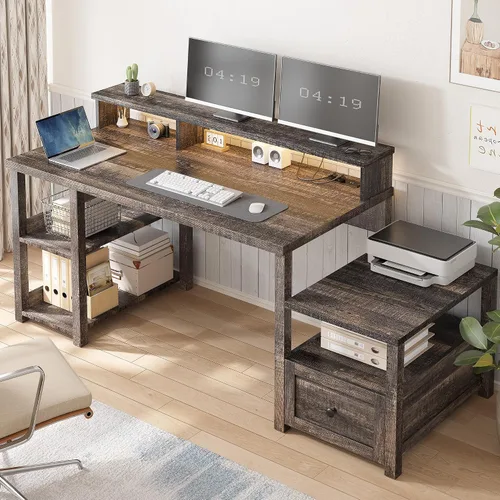 Miniatura 7 de EnHomee - Escritorio de oficina en casa de 60.4 pulgadas con toma de corriente y estante para impresora, escritorio de computadora con luz LED