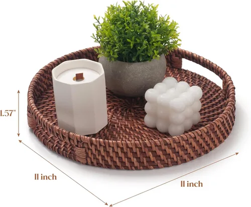 Miniatura 6 de Bandeja de ratán de 11 pulgadas, bandeja redonda de mimbre con asas recortadas, bandeja tejida para comedor / mesa de café