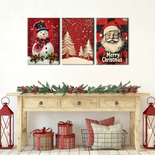 Miniatura 8 de Pennimor Lienzo decorativo para pared de Navidad, juego de 3 marcos de 12 x 16 pulgadas, decoración navideña a cuadros rojos y negros, póster