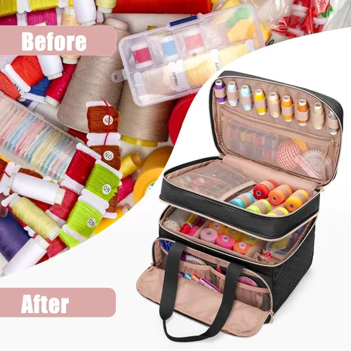 Miniatura 7 de YARWO Organizador de suministros de costura de doble capa con 5 divisores personalizados, bolsa de almacenamiento portátil para accesorios de Negro
