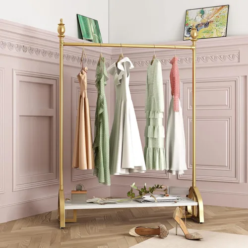 Miniatura 11 de Perchero de metal dorado con estante de madera, perchero resistente con ruedas para dormitorio, uso en boutiques minoristas (37.4 pulgadas de largo)