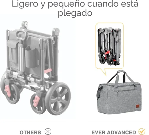 Miniatura 2 de EVER ADVANCED Vagón Cochecito de Viaje Plegable en Bolsa para 2 Niños y Carga, Vagón Plegable para Niños Pequeños con Toldo Extraíble, Arnés Gris