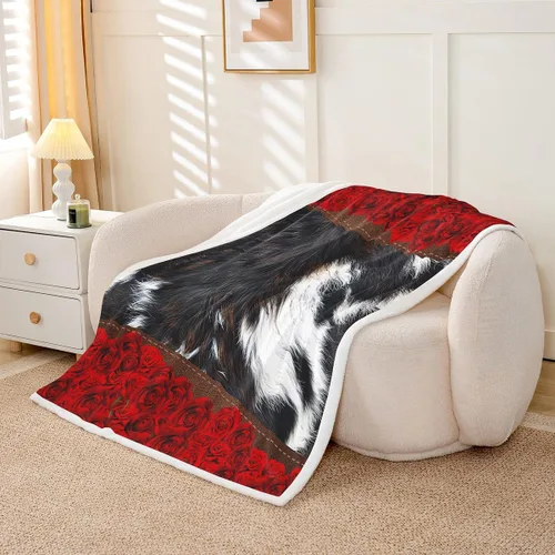Miniatura 3 de Manfei Manta de piel de vaca, manta de cama de flores de rosa roja para decoración de habitación de niños y niñas, manta abstracta de piel animal