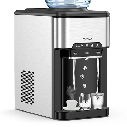 COSTWAY - Dispensador de agua de sobremesa con máquina de hielo, dispensador portátil 3 en 1 frío y caliente con máquina de hielo de 48LBS/24H,