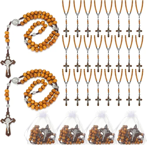 Juego de 24 collares de rosario de cuentas de madera tallada con rosario católico con cruz de Jesús, cuentas de rosario de madera maciza con bolsa
