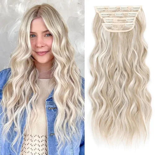 Miniatura 35 de ALXNAN Extensiones de cabello sintético largo y ondulado con clip, de 16 pulgadas, color negro natural, 4 piezas gruesas, fibra de doble trama