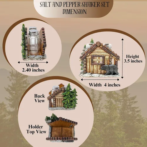 Miniatura 3 de BestGiftEver Juego de saleros y pimenteros con soporte, diseño de oso y cabaña para cocina estilo cabaña, decoración rústica de poliresina