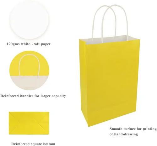Miniatura 3 de Ottin Bolsas de papel de estraza amarillas con asa, paquete de 30 bolsas de regalo envueltas en papel a granel para niños, cumpleaños, manualidades