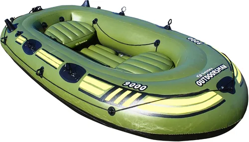 Solstice Outdoorsman - Barco de pesca inflable resistente de 9 pies con cerraduras de remo giratorias cuádruples y soportes de caña dobles,