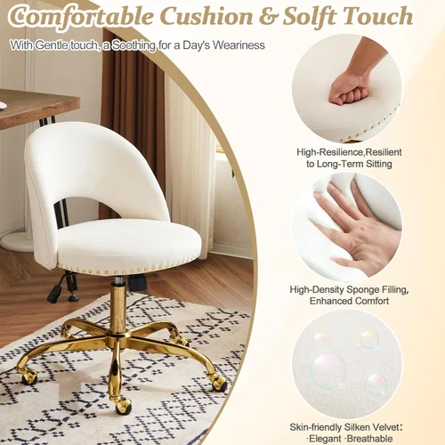 Miniatura 6 de VINGLI Silla de Oficina Pequeña de Terciopelo Moderna, Linda Silla de Escritorio con Ruedas, Base/Tachuelas Doradas, Cómoda Silla Giratoria sin