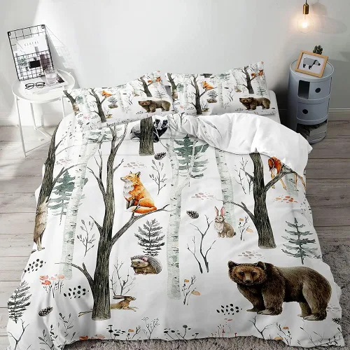 Miniatura 19 de LUVIVIHOME Juego de funda de edredón de 2 piezas, diseño de oso y alce, ciervo, ciervo, ropa de cama de cabaña, ropa de cama rústica de granja