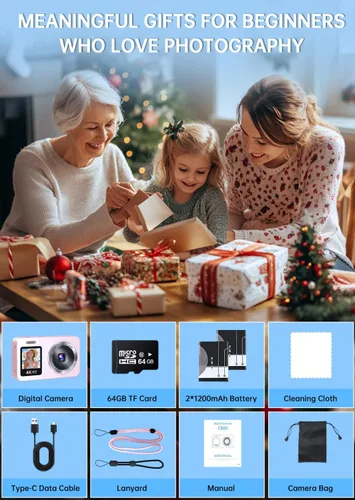 Miniatura 8 de Cámara digital rosa, cámara de doble pantalla 4K 64MP UHD, zoom de 18X, cámaras digitales portátiles para apuntar y disparar con tarjeta TF de 64