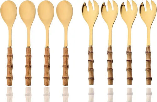 Miniatura 9 de JASHII Juego de cubiertos dorados de acero inoxidable 304, juego de cubiertos de 16 piezas con mango de bambú, servicio para 2, con 1 cuchara