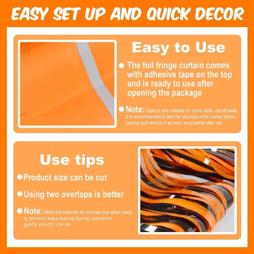 Miniatura 3 de Paquete de 3 cortinas de flecos de aluminio negro y naranja, 3.28 x 9.8 pies de serpentinas metálicas y cortinas de oropel para telón de fondo