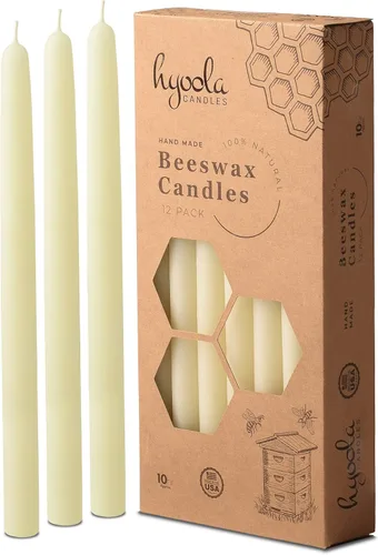 Hyoola Paquete de 12 velas cónicas de cera de abeja de 10 pulgadas, hechas a mano, totalmente naturales, 100% pura sin perfume, altas, decorativas,