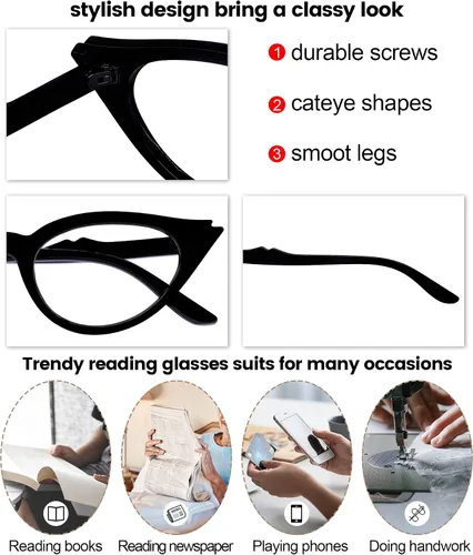 Miniatura 4 de OCCI CHIARI Lentes de lectura con diseño de ojo de gato para mujer, elegantes lentes de lectura 100 125 150 175 200 225 250 275 300 350 Negro