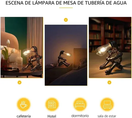 Miniatura 7 de Lámpara de Mesa Steampunk, Lámpara de Mesa de Robot de Metal Industrial Vintage, Lámpara de Mesa de Tubería de Agua, Luz de Escritorio Estilo Robot