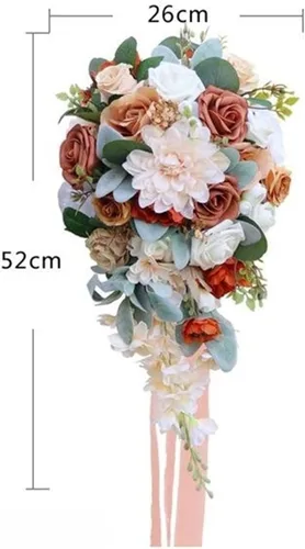 Miniatura 5 de Ramos de boda para novia, ramo en cascada para novia, boda, flores artificiales, ramo romántico rústico de boda (ramo naranja champán)