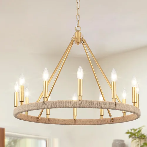 Miniatura 8 de Candelabro dorado de 24 pulgadas, 8 luces doradas para comedor, lámpara colgante redonda rústica para sala de estar, vestíbulo, entrada, techo alto